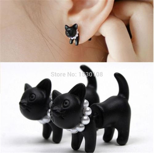 Black Cat Kitten Lady Ear Stud Earring